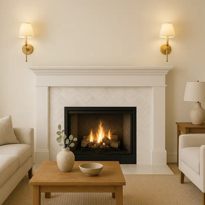 Elegant marble tiled fireplace adding sophistication to modern living room.