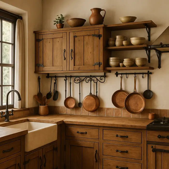 Rustic kitchen design with black metal accents and hanging copper pots