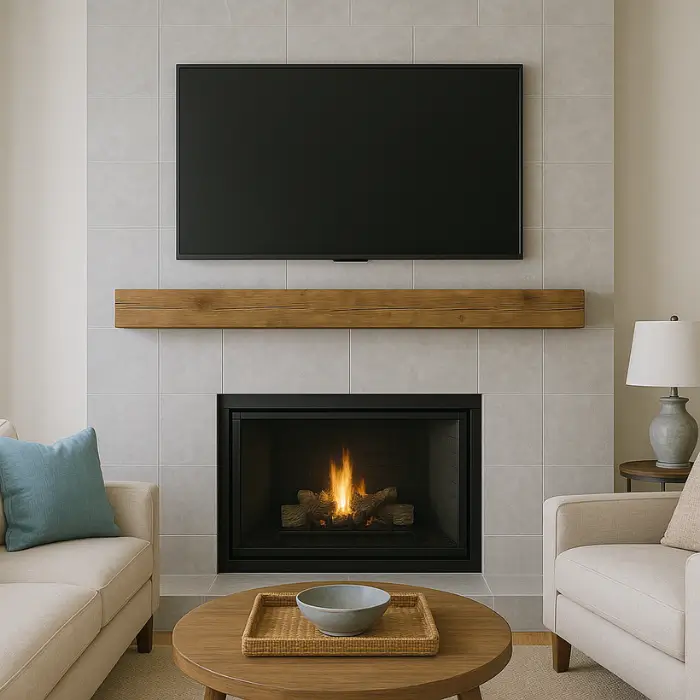 Contemporary tiled brick fireplace makeover with modern neutral tones.