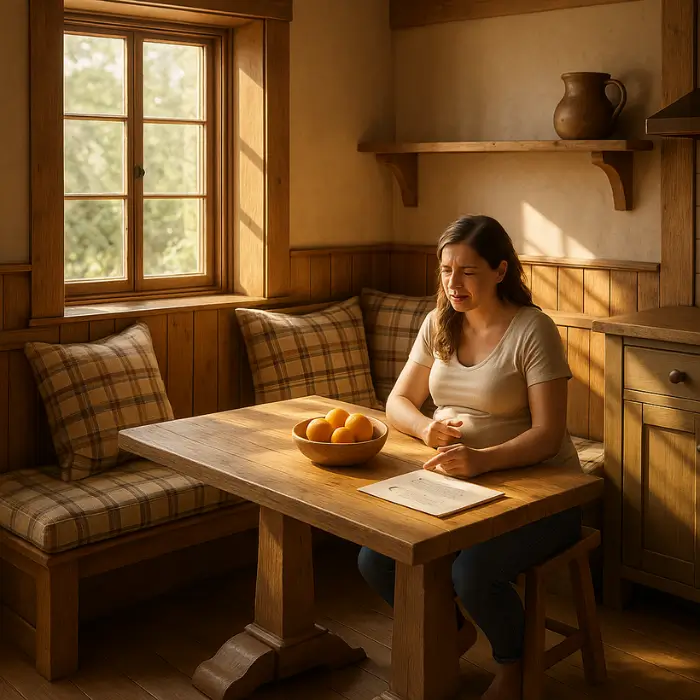 Cozy rustic kitchen breakfast nook with wood table and soft seating.
