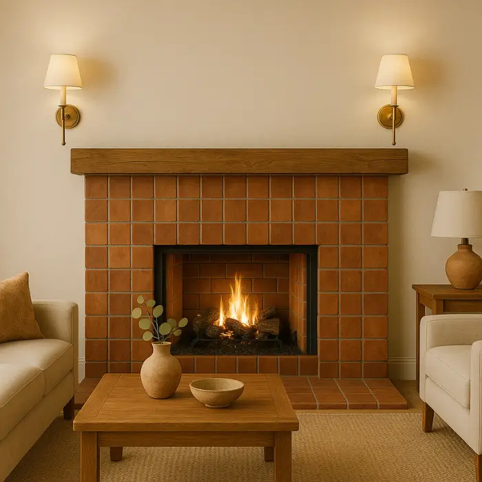Earthy terracotta tiled fireplace adding warmth and texture to living room.