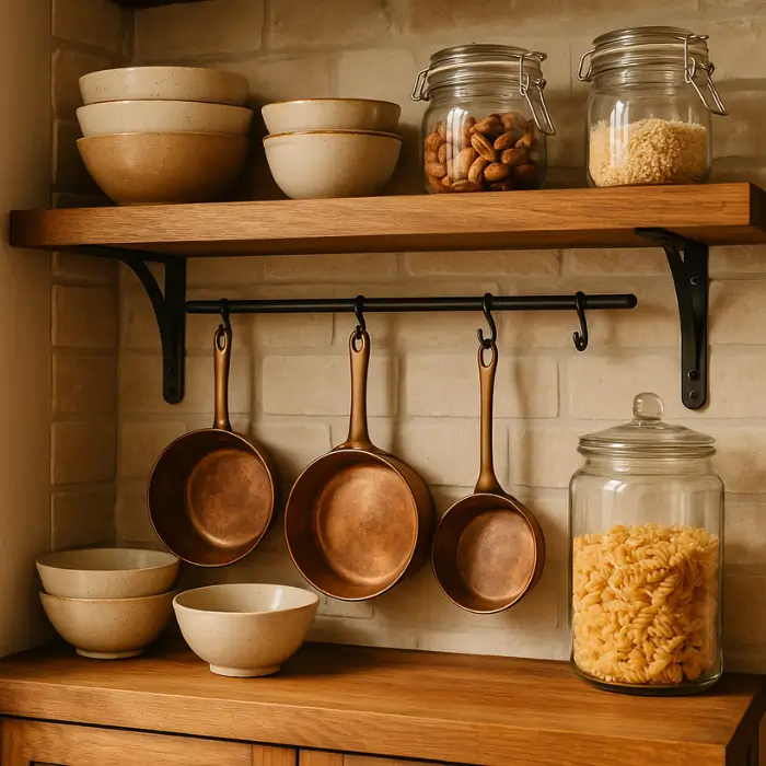 Rustic kitchen shelf displaying copper and ceramic accents.