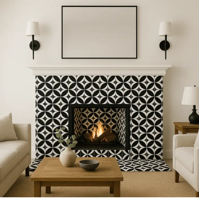Bold geometric tiled fireplace adding contrast to contemporary interior.