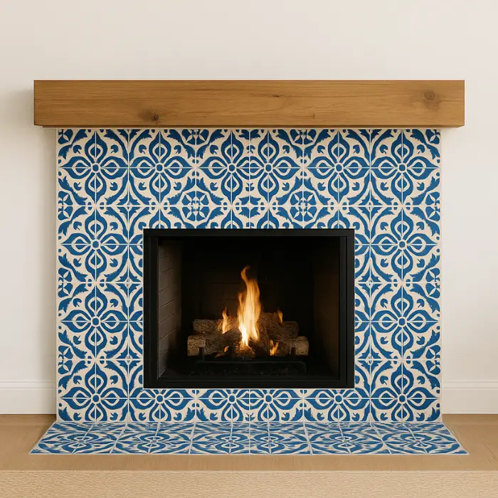 Patterned ceramic tiled fireplace bringing charm and color to cozy room.