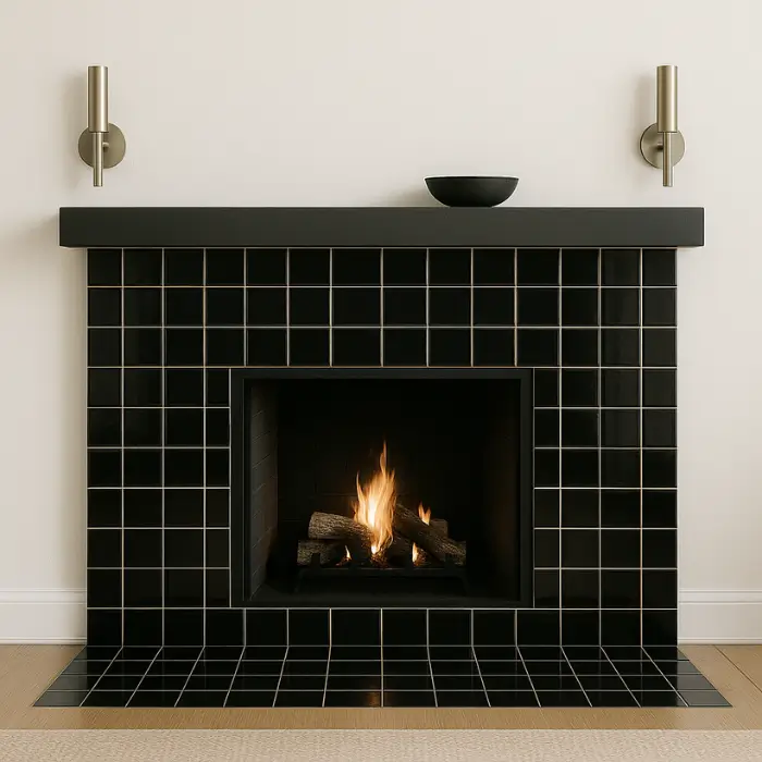 Sleek black tiled fireplace creating modern contrast in living space.