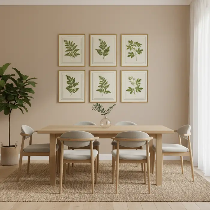 Botanical wall art creates a calm, nature-inspired dining atmosphere.