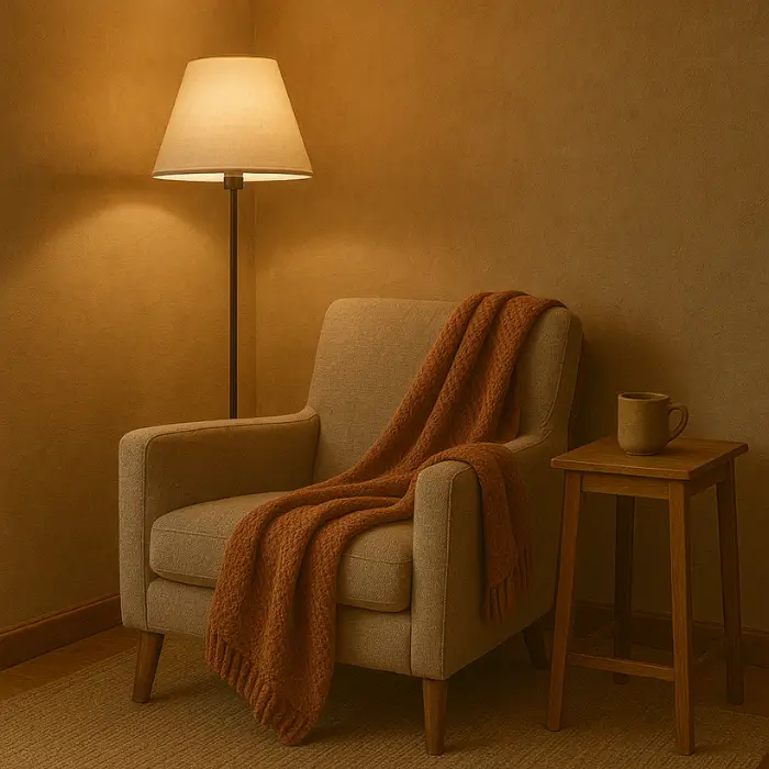 Cozy bedroom corner with reading chair and warm lighting.