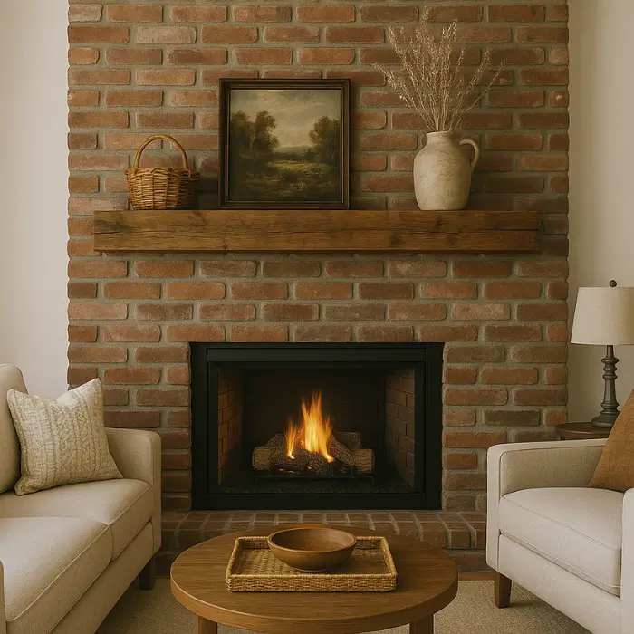 Rustic Brick Fireplace – Warm, Textured, and Farmhouse-Perfect