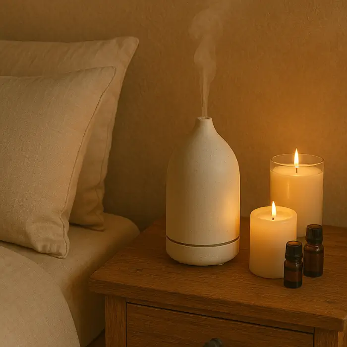 Aromatherapy and candlelight creating cozy bedroom atmosphere.