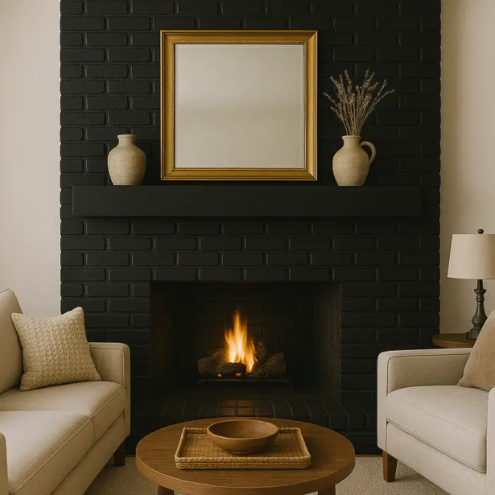 Modern black brick fireplace makeover with bold and stylish accents.