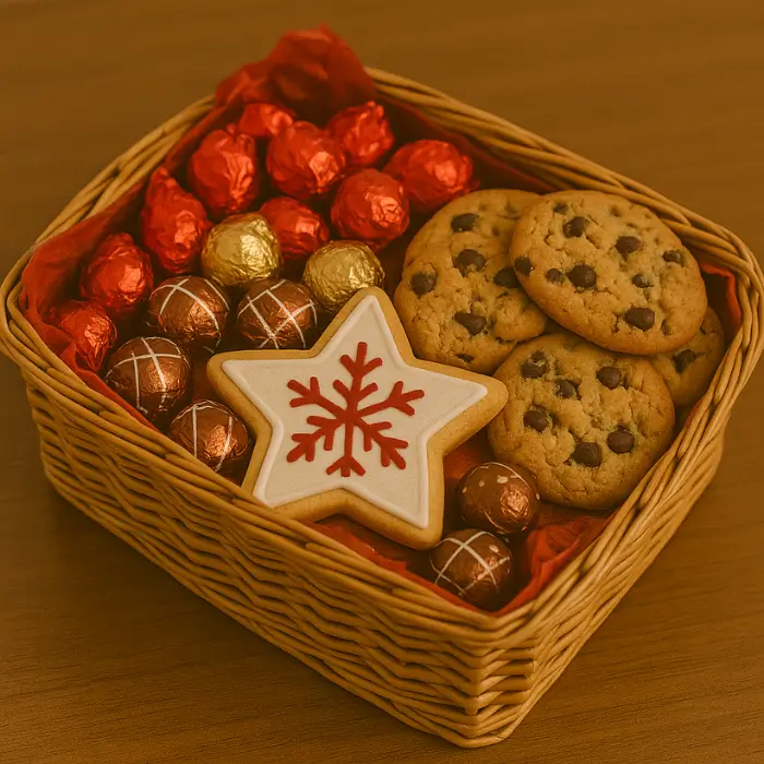 Festive snack basket Christmas gift for coworkers.
