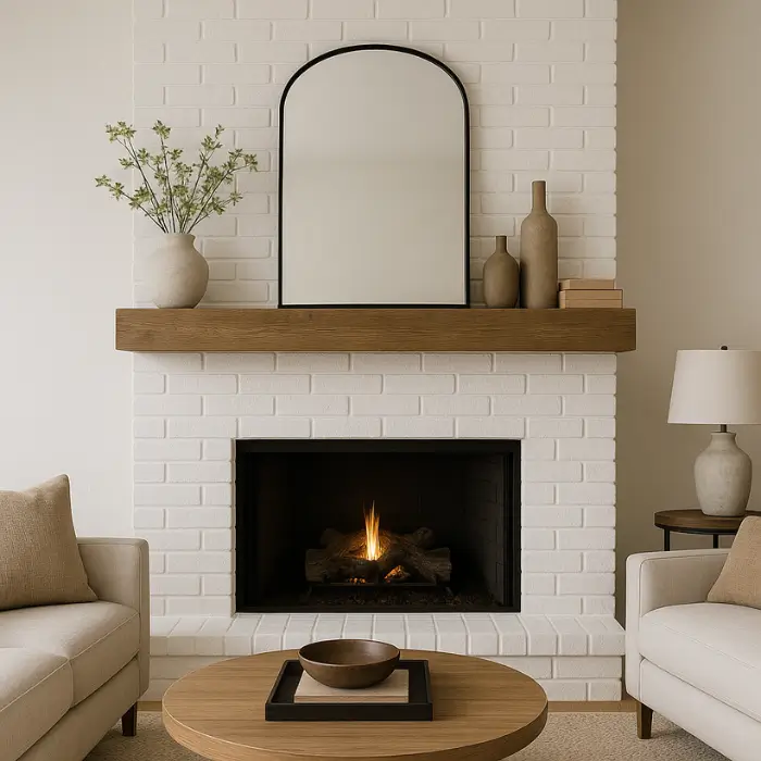 Modern painted brick fireplace makeover with soft white tones and greenery.