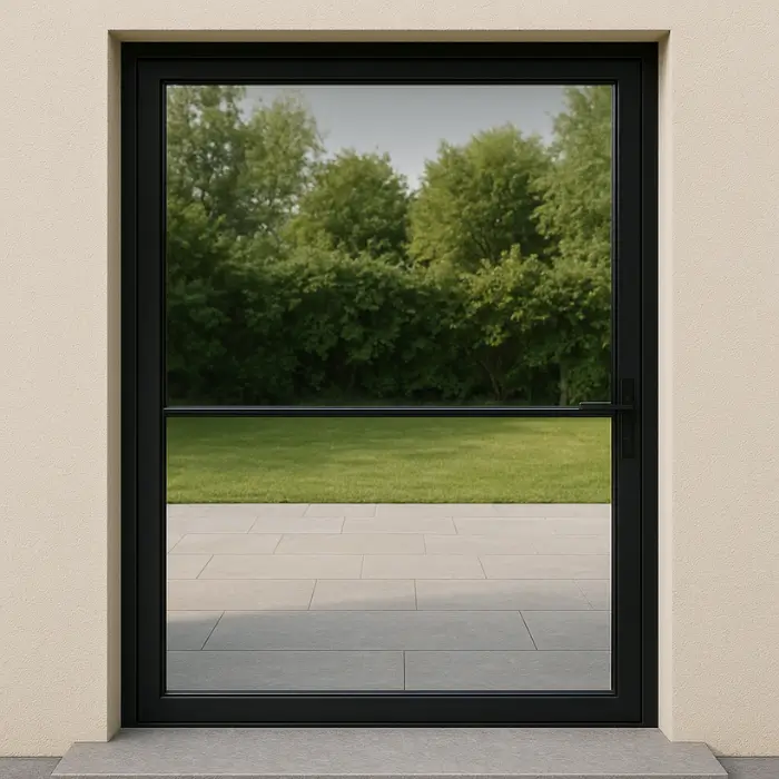 Modern glass door design with black frame creating an open, bright entryway.