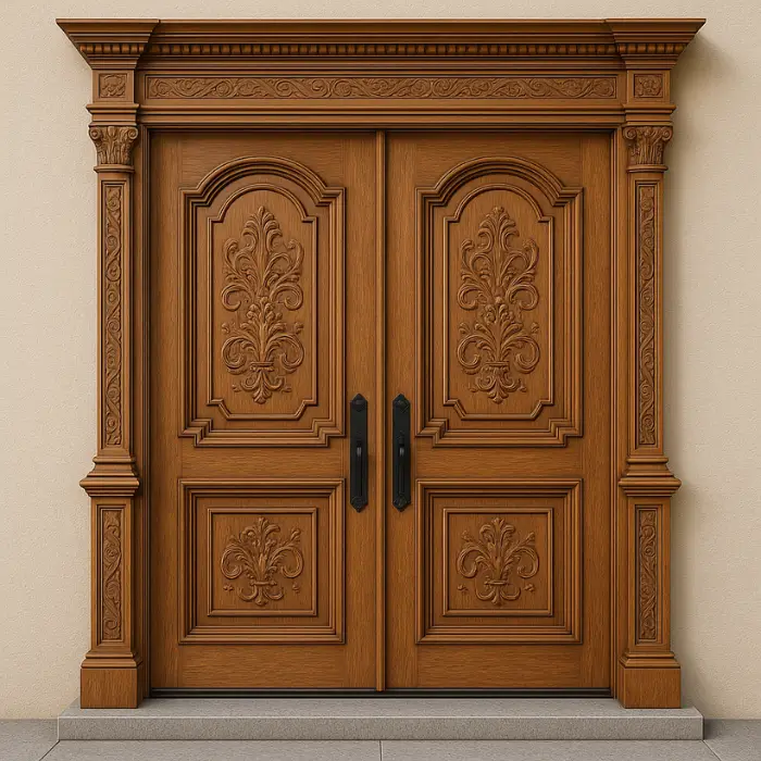 Traditional wooden door design with intricate carvings and antique handles.