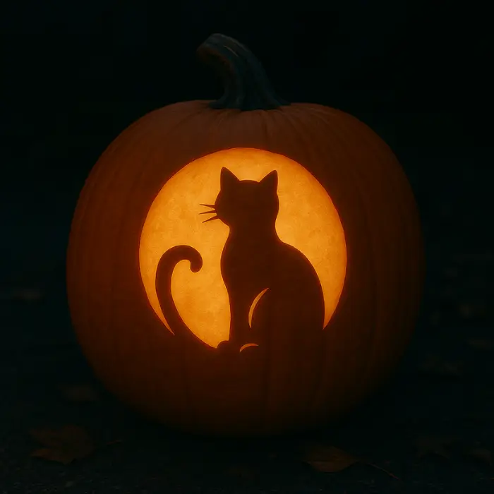 at-themed carved pumpkin glowing in cozy fall décor.