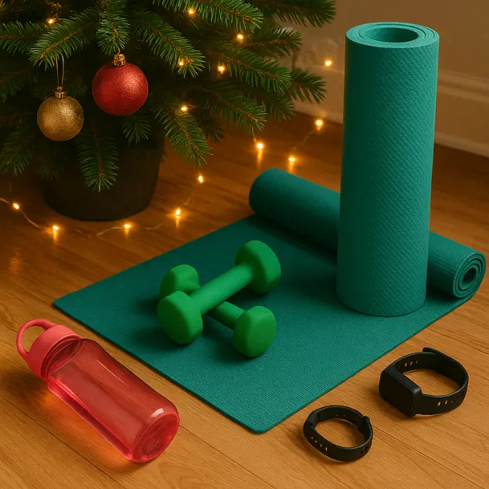 Fitness gear and a yoga mat beside a Christmas tree