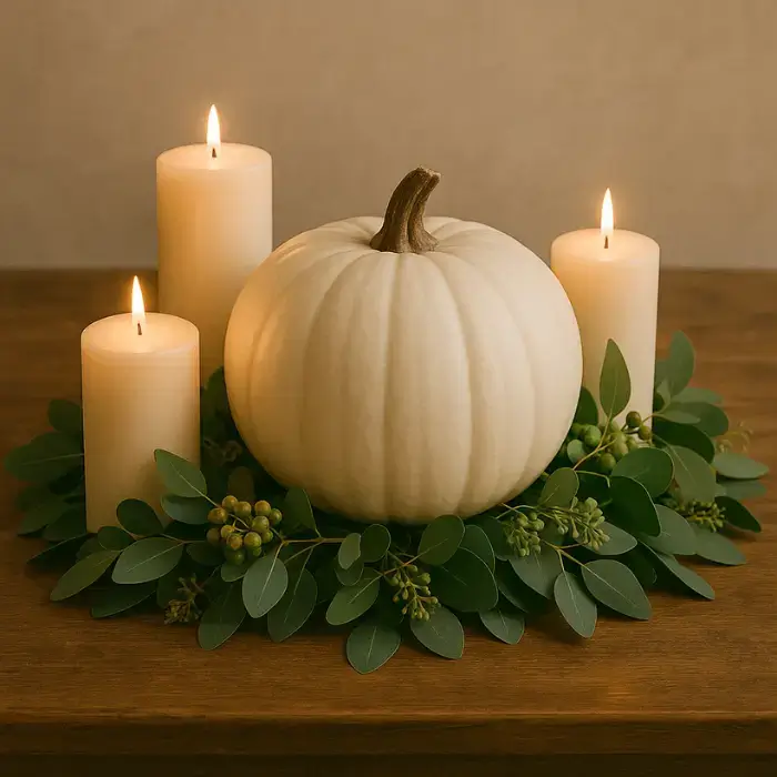 Mini pumpkin candle holders with glowing tealights.