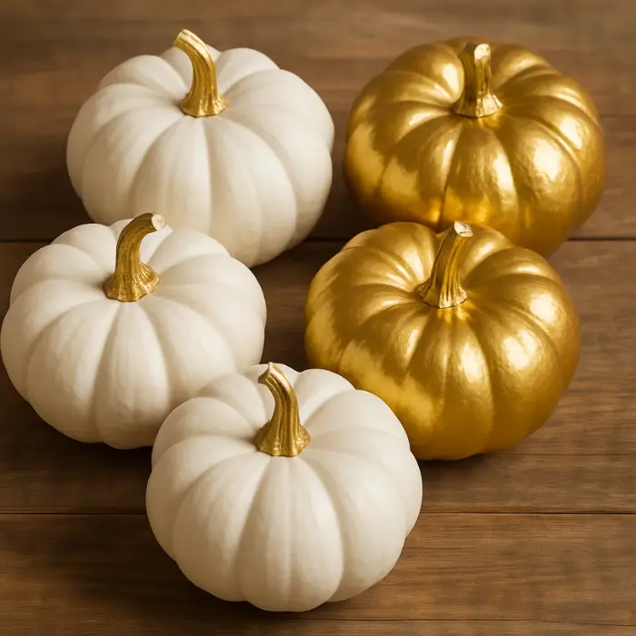 Modern painted pumpkins in white and gold for fall décor