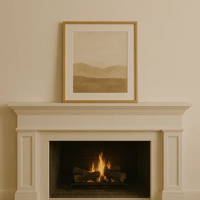 Abstract wall art used as focal décor above the fireplace.