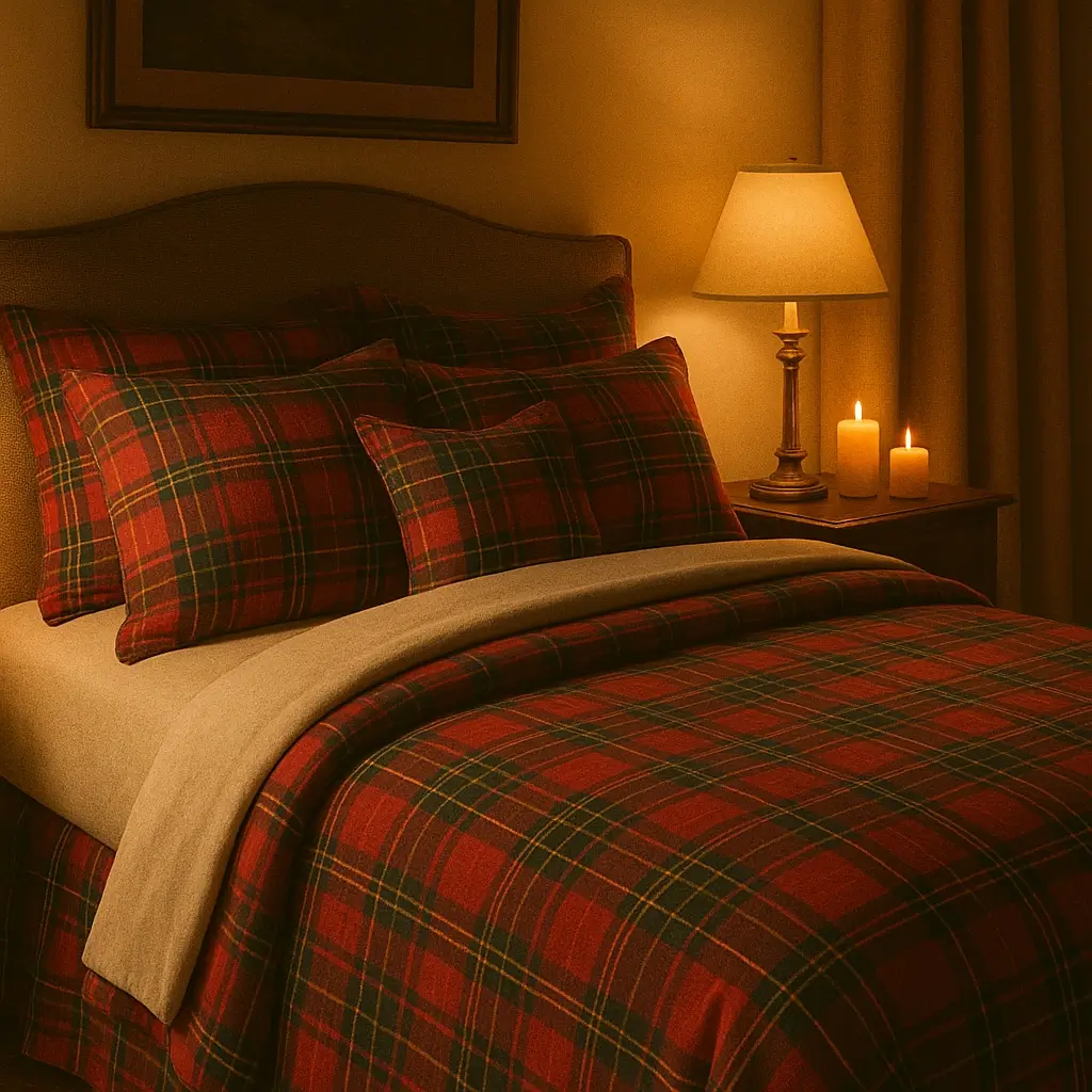 Elegant Ralph Lauren-inspired Christmas bedroom with wool blankets and velvet pillows.