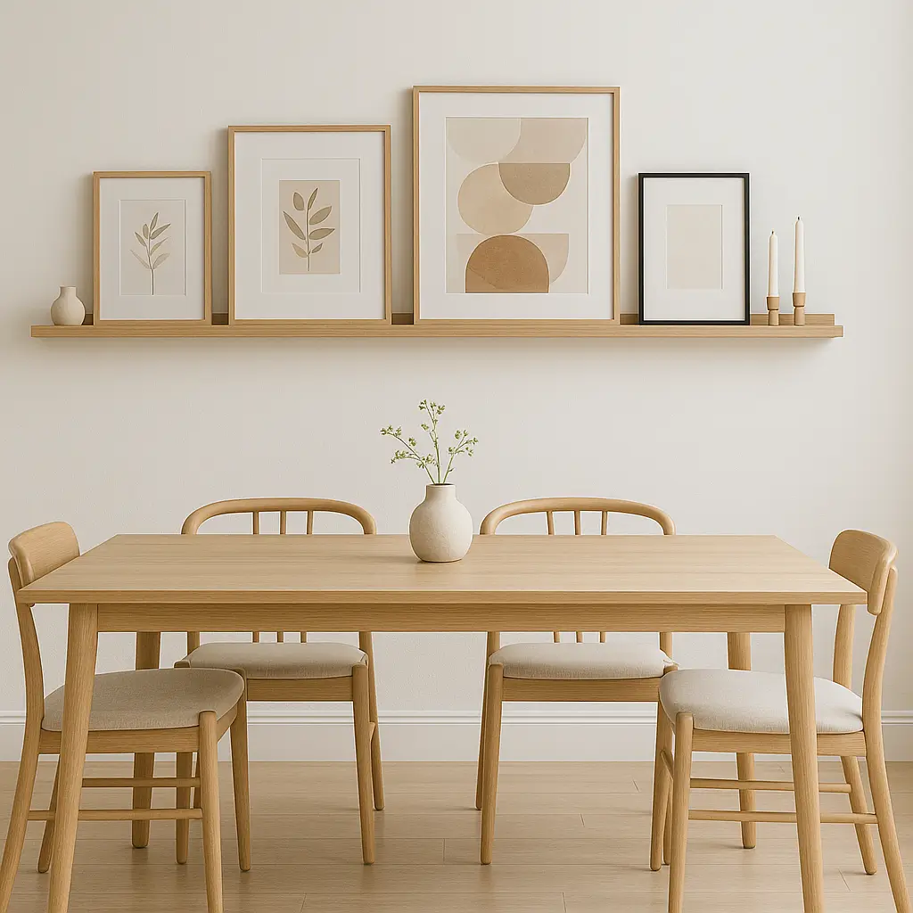 Gallery ledge displaying seasonal framed prints and decor in a minimalist dining room