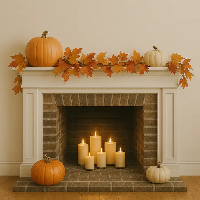 Cozy autumn fireplace with seasonal mantel décor.