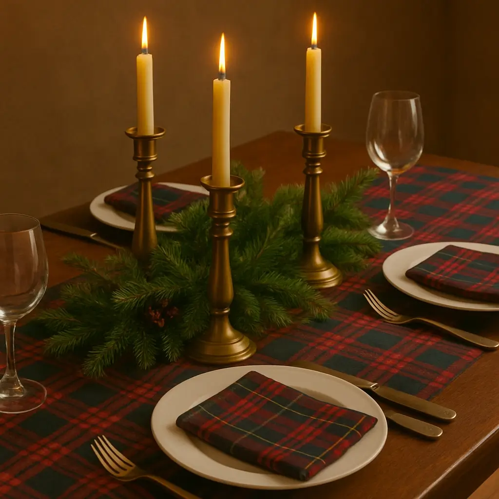 Ralph Lauren-inspired dining table with tartan runner and candlelight.