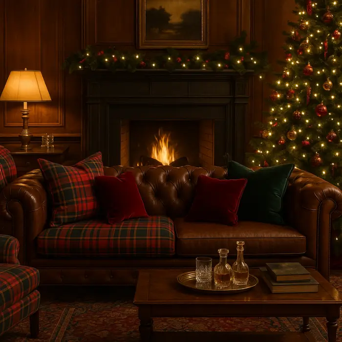 Elegant Ralph Lauren-inspired Christmas living room with tartan décor and soft lighting.