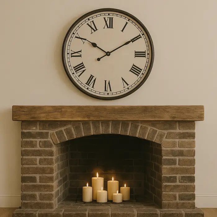 Large wall clock as centerpiece above fireplace.