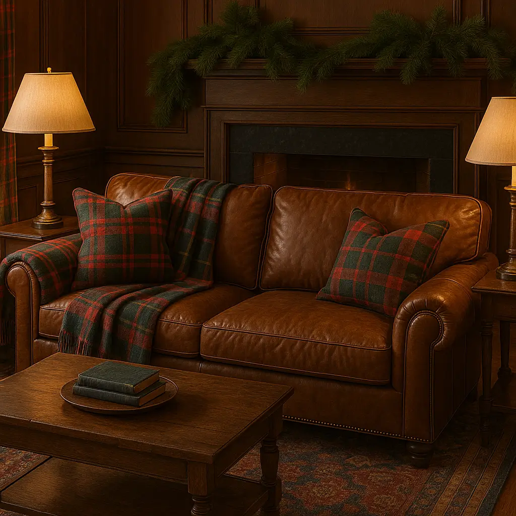 Ralph Lauren-style Christmas living room with velvet pillows and warm lighting.