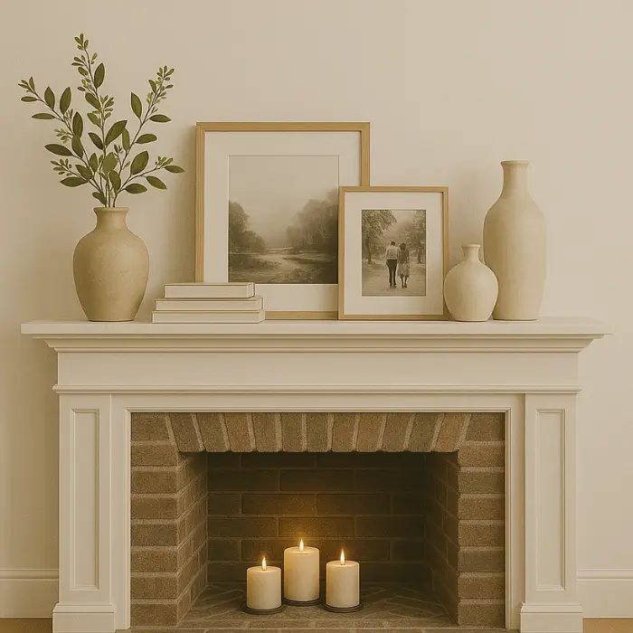 Mantel decorated with books and personal keepsakes.