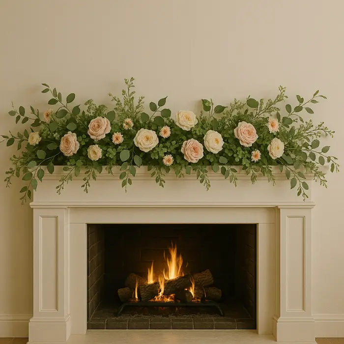 Mantel decorated with greenery and floral arrangements.