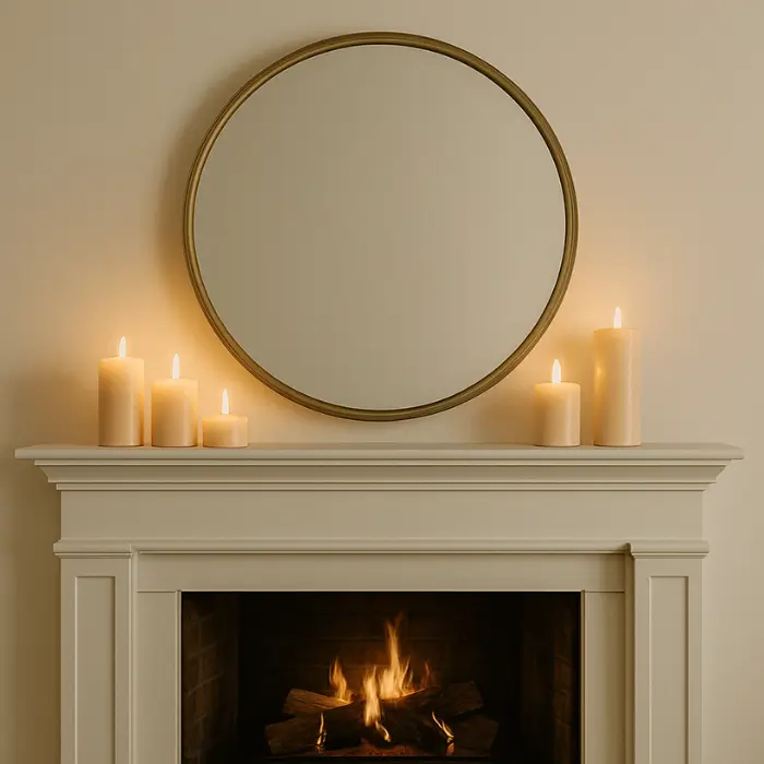 Mirror reflecting light above cozy modern fireplace.