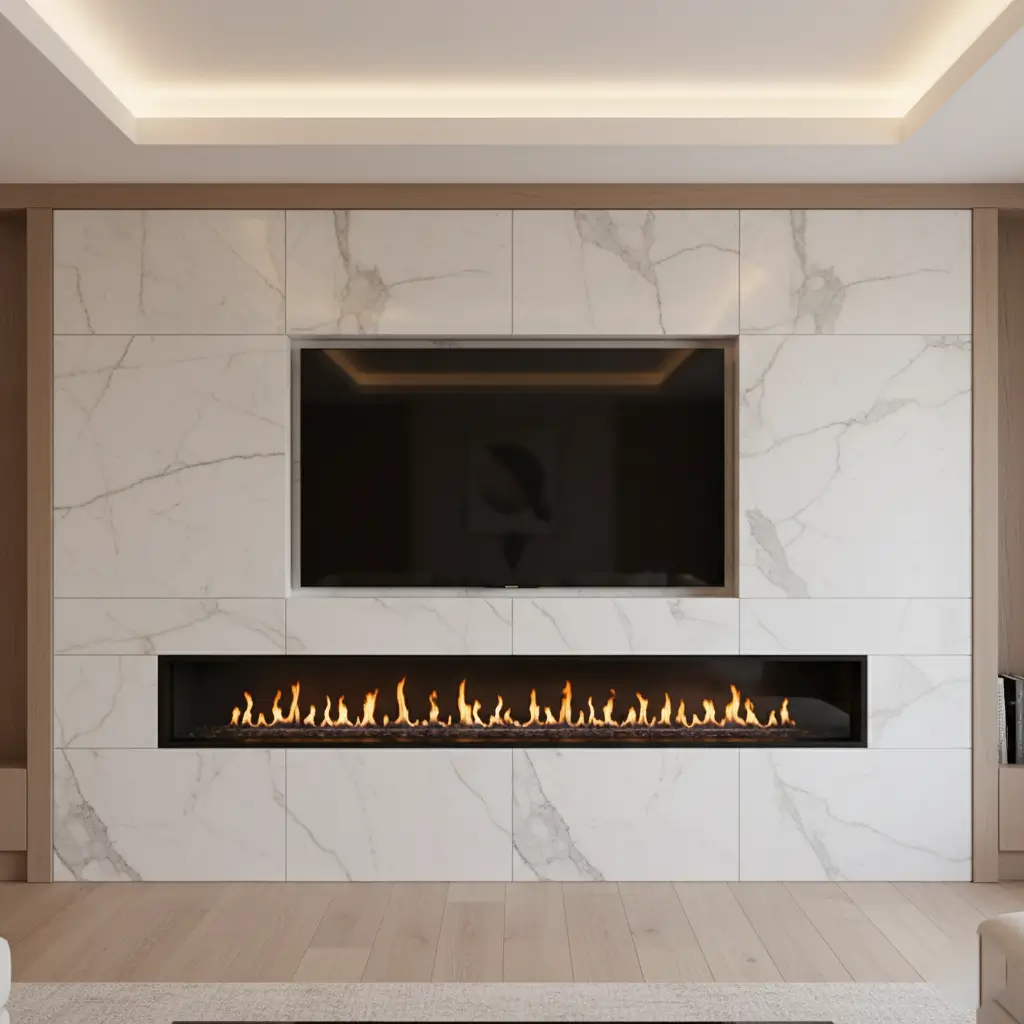 Linear modern fireplace installed in a minimalist living room.
