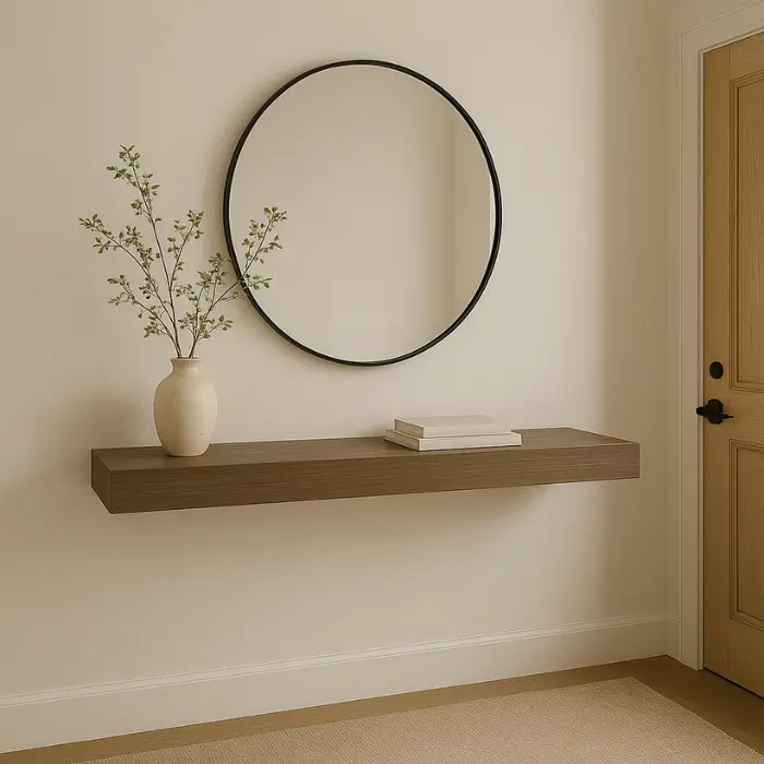 Simple modern foyer featuring neutral tones and clean-lined furniture.