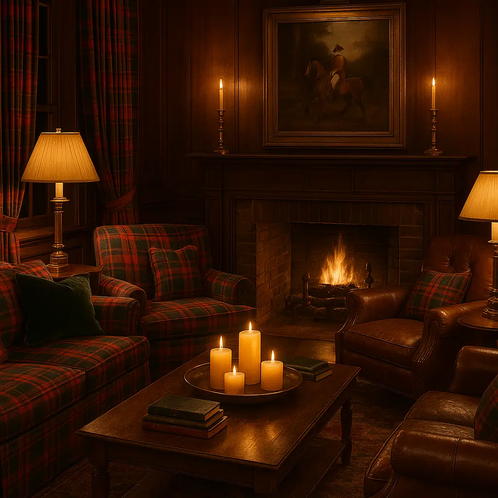 Elegant Ralph Lauren Christmas living room with plaid and candlelight.