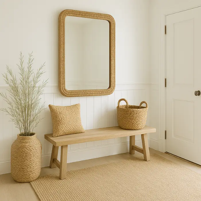 Airy coastal entryway featuring neutral tones and natural materials.