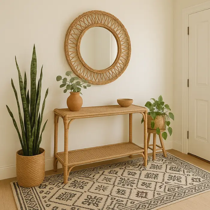 Vibrant bohemian entryway decorated with natural textures and colorful accents.