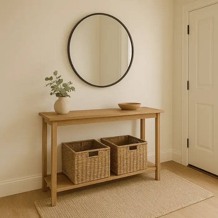 Compact foyer featuring minimalist décor and space-saving design.