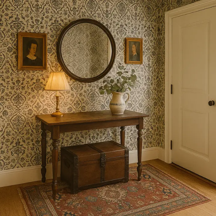 Bold entryway combining modern art, vintage furniture, and colorful textures.