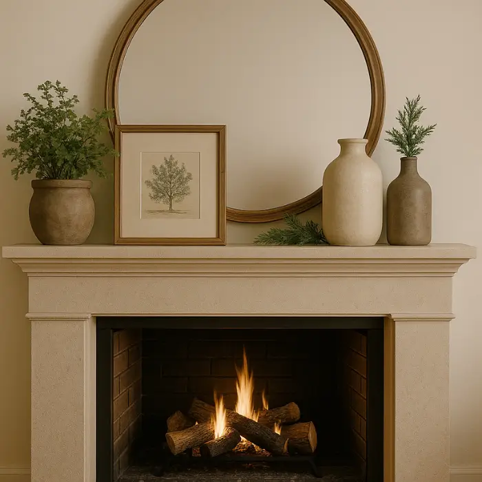 Modern fireplace mantel with layered décor and natural accents.