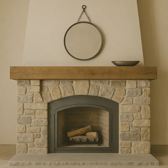 Textured fireplace décor combining stone, wood, and glass accents.