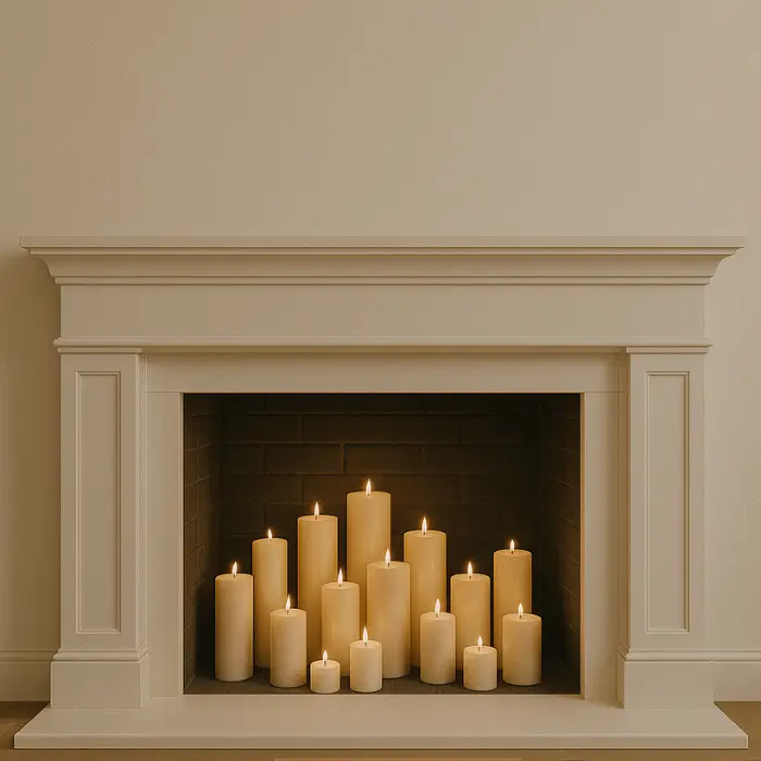 Fireplace filled with candles creating a warm, inviting glow.
