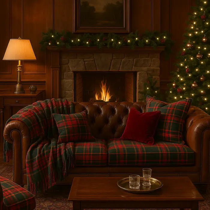 ozy Ralph Lauren-style living room with plaid throws and Christmas decorations.