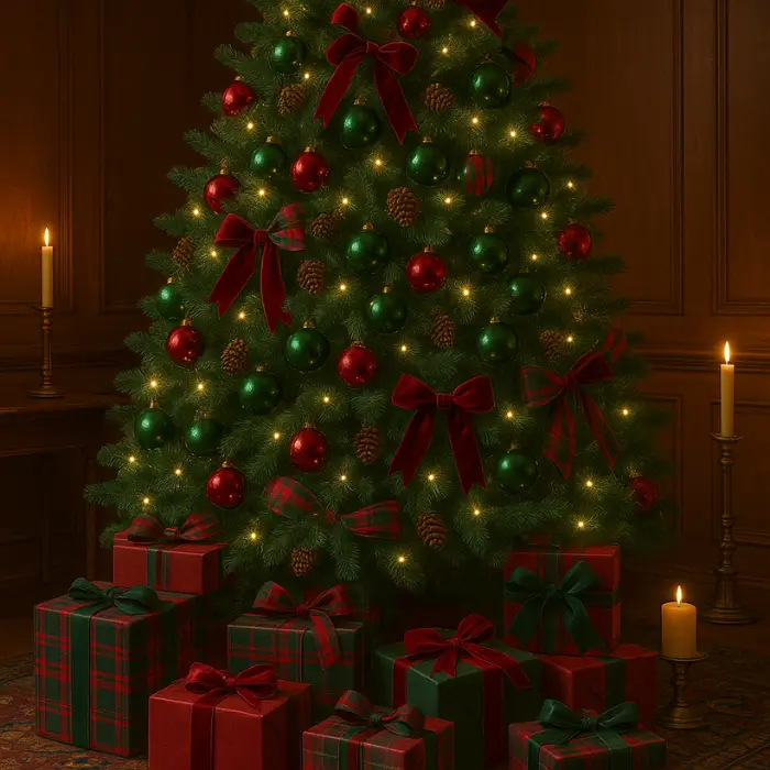 Traditional Ralph Lauren Christmas tree with velvet ribbons and plaid wrapping paper.