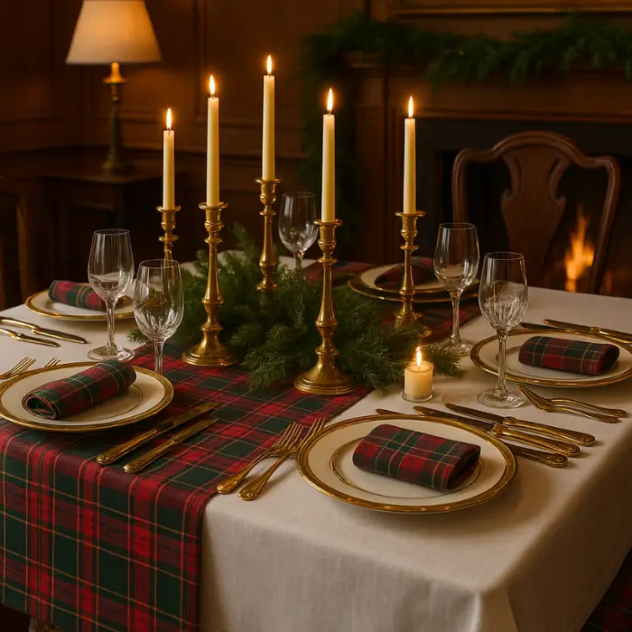 Classic Christmas entryway with pine wreath and plaid runner inspired by Ralph Lauren décor.