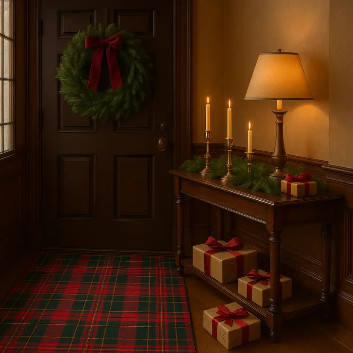 Warm Christmas bedroom with plaid bedding and velvet pillows in Ralph Lauren design.