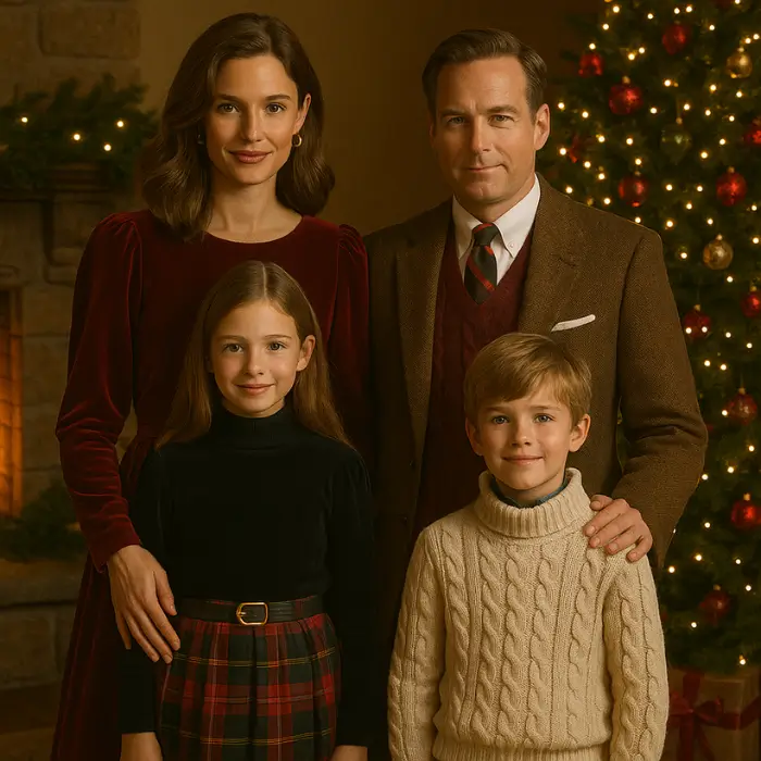  Family in coordinated Ralph Lauren Christmas outfits with velvet and plaid details.