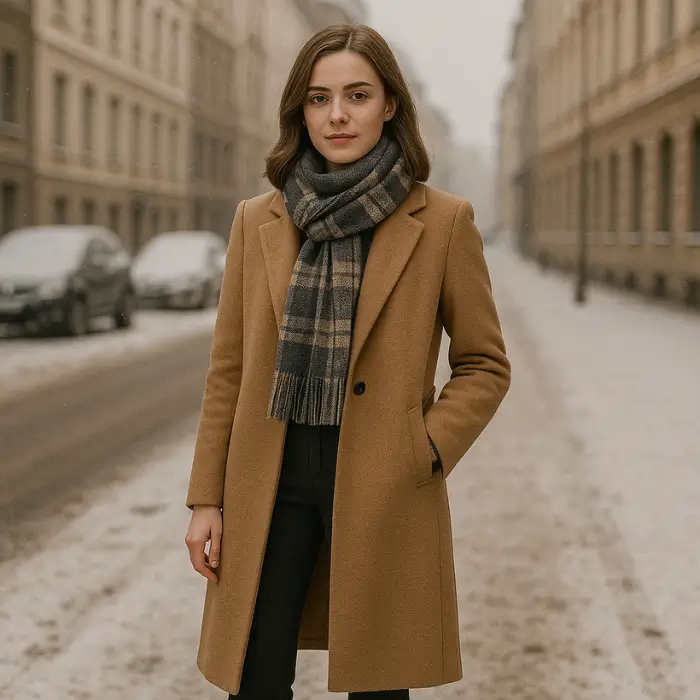 Long Wool Coat and Scarf Ensemble