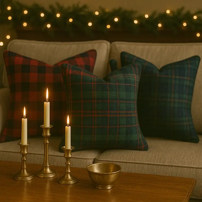 Budget-friendly Ralph Lauren Christmas décor with plaid and brass accents.